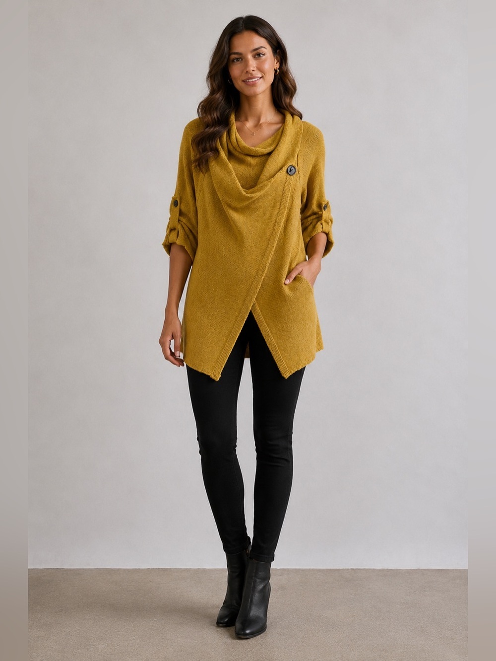 Cozy Mustard Draped Cowl Cardigan